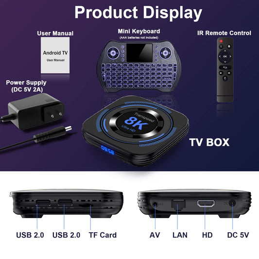 TV Box 12.0 4GB 64GB - 8K HDR10 BT5.0 USB 3D Ethernet with Mini Backlit Keyboard
